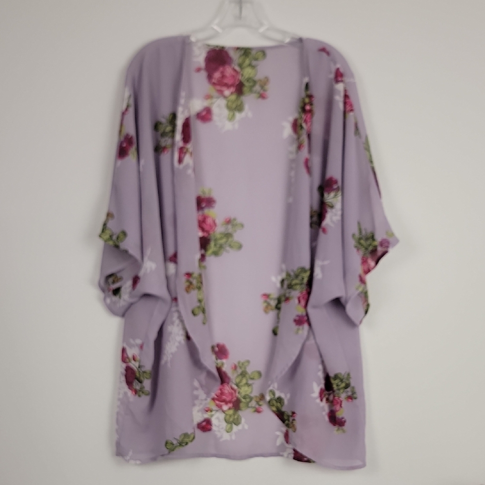 Unbranded Sheer Purple, Red Roses, Green Leaves Kimono XL